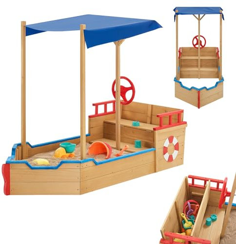 Juskys Sandkasten Käpt'n Pit - Piratenschiff Boot aus Holz - große Kinder Sandkiste für Garten mit Bodenplane, Dach & Sitzbank - Outdoor Sandbox