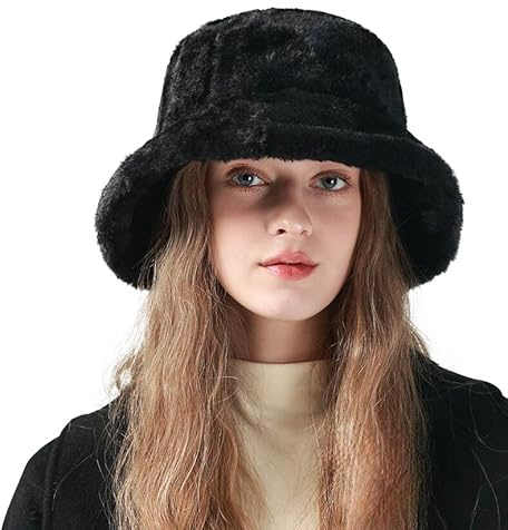 Women Winter Faux Fur Bucket Hat, Soft Fluffy Plush Bucket Hat Warm Thicken Wide Brim Fisherman Cap Stylish Vintage Winter Warm Fashion Cap for Outdoor Shopping Headwear for Ladies Girls Black