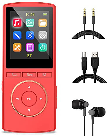 Reproductor MP3 Bluetooth Mejorado 32GB | Multifunción Chicas Música Grabador FM Radio, Rasgando, Shuffle, HiFi, Rojo Mate