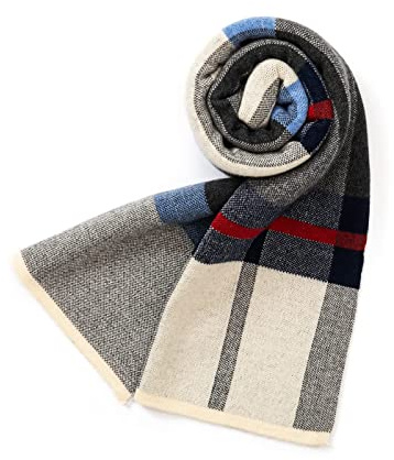 Villand Australisk merinoull tartan stickad halsduk för män, rutig vintervarm tjock mjuk halsduk med presentförpackning, 180 × 30 cm, Grå marinblå tartan, En Storlek