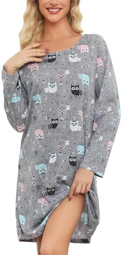 ENJOYNIGHT - Camicia da notte da donna a maniche lunghe, in cotone, con stampa, biancheria da notte, camicia da notte per donna, M