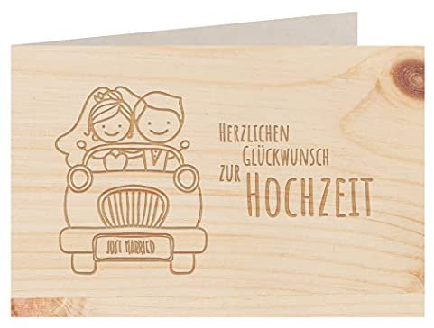 Holzgrußkarte - Hochzeitskarte - 100% handmade in Österreich - Postkarte Glückwunschkarte Geschenkkarte Grußkarte Klappkarte Karte Einladung, Motiv:HERZLICHEN GLÜCKWUNSCH ZUR HOCHZEIT Zirbe
