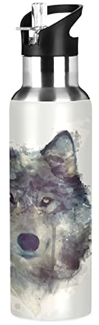 Mnsruu Lupo Disegnato A Mano Ad Acquerello Borraccia Termica con Cannuccia Sportiva, Bottiglia Acqua in Acciaio Inox Isolato 600ML Senza BPA per Bevande Calde e Fredde per Bambini Scuola