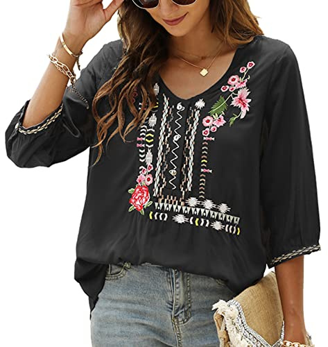 Seasonal Camicetta da donna tradizionale messicana ricamata, estiva, hippie, contadina, top con scollo a V, maniche a 3/4, tunica casual allentata, Nero-049, S