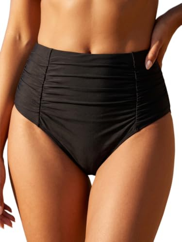 Holipick Black Bathing Suit Bottoms for Women - High Waisted Bikini Bottoms Ruched Tummy Control Swimsuit Bottom L