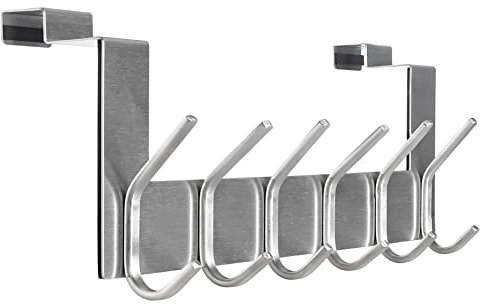 SKOLOO Gancio per porta da appendere con 6 ganci, appendiabiti in metallo, interno – Gancio appendiabiti per porta asciugamani, cappotti, argento
