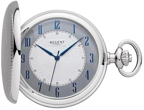 REGENT Orologio da tasca da uomo Savonnette Coperchio pieghevole Cromato 50 MM Quarzo Bianco Quadrante Grigio Numeri arabi, Classico