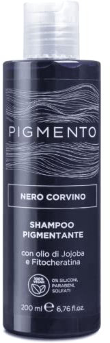 Pigmento, Shampoo pigmentante, Trattamento Ravviva il Colore con Olio di Jojoba e Fitocheratina, Colore Capelli Nero Corvino, Deterge e Rende i Capelli Brillanti e Setosi, 200ml