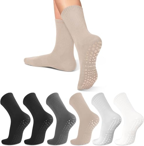 lilisilk 6 par pilatesstrumpor greppstrumpor för kvinnor – halkfria yogastrumpor för balettdans barfota träning gravida besättningsstrumpor, 02-6 Pack 2 svart/mörkgrå/beige/ljusgrå/vit, M