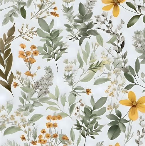 Wallpaper Peel and Stick Green Leaf, Vintage Yellow Floral Contact Paper 17.5 x 393.7, Botanical Wall Paper Self Adhesive Removable Waterproof for Bathroom Shelf Cabinet Drawer Table Decor