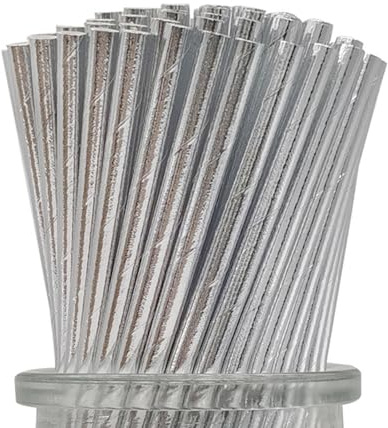 Metallic Solid Silver Party Straws, Extra Durable Disposable Foil Silver Paper Drinking Straws Bulk for Wedding Party Decoration, 7.75 x 0.24, Pack of 100