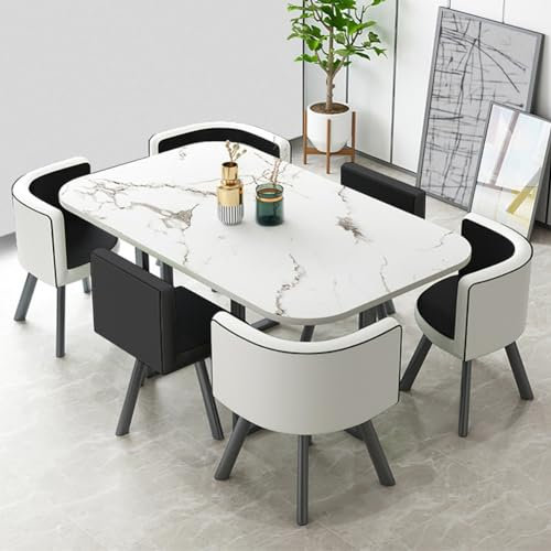 EpuzeR Essgruppe 7-teilig, Rechteckig Esstisch mit 6 Stühlen, Konferenztisch Verhandlungstisch Empfangtisch, Abgerundete Ecken und stoßsicheres Design (Color : Black and White)