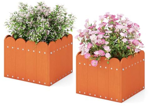 GOPLUS - Lote de 2 macetas cuadradas de HDPE, jardineras exteriores con agujeros de drenaje para verduras, flores, hierbas, para terraza, jardín, balcón (32 x 30 x 25 cm), color naranja