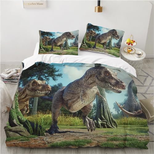 YASMENG Dino Bettwäsche 135x200 für Kinder - 3D Dinosaurier Design für Jungen und Jugendliche - Weiche Mikrofaser, 2-teilig Mit Reißverschluss - 80x80 cm Kissenbezug Inklusive