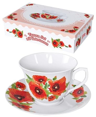 Teeservice Mohnblumen 12 Tlg, 6 Tassen + 6 Untertassen