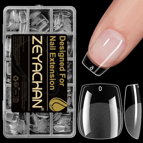 ZEYACHAN 540 Pièces Capsule Americaine Ongle Ballerine Court, 15 Tailles Faux Ongles Transparent, Semi Givré, Soft Gel Nail Tips, Faux Ongles et Capsules Pour DIY Nail Art
