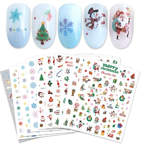 GWAWG Nagelsticker Weihnachten, 10 Blatt Aufkleber Nägel, Nägel Sticker Set, Winterliche Weihnachtselemente, Schneeflocken, Weihnachtsbäume, Pinguine, Rentiere, Schleifen