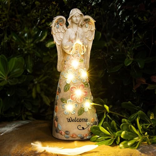 Tuzsocr Solar Engel Gartenstatuen, Gartendekoration Betende Engel, Schutzengel Willkommen Figuren, mit 6 LED Solarleuchten, Fairy Engel Skulptur Deko Draußen, Rasen, Hof, Terrasse, Fensterbank, 36cm