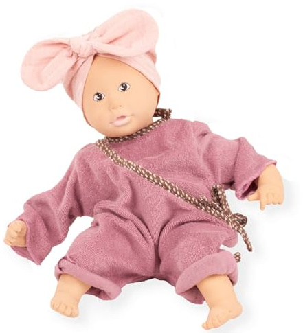 Götz 2333013 Baby Pure Cosy Lina BlackBerry – 33 cm große Babypuppe aus Natur – Kautschuk ohne Haare, Blaue Augen – vegan und ökologisch ab 18 Monaten Monaten
