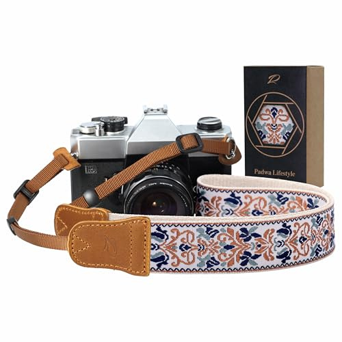 Padwa Lifestyle Camera Strap - 1.5 Crazy Horse Cowhide Head Cotton Strap,Vintage Embroidery Camera Straps for Photographers and All Cameras,Cute Adjustable Shoulder Neck Strap for Adults & Kids