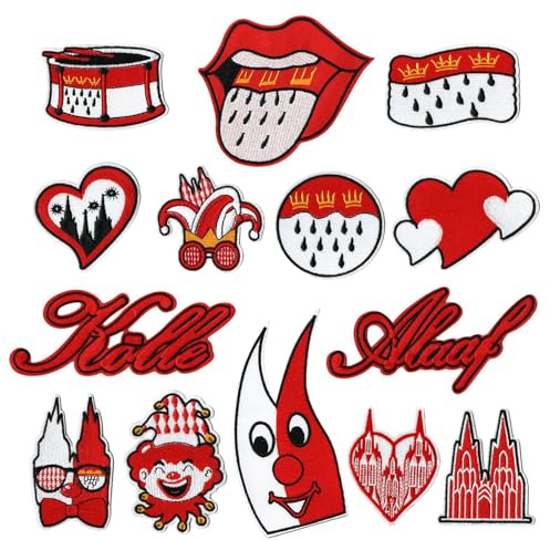 Xsybegdlk 14 Stück Bügelbilder Karneval, Kölner Karneval Rot Weiß Bügelflicken, Rot-Weiß Bügelbilder, für Kleidung, Jeans, Hosen, Nähen, Hüte, Bastelzubehör