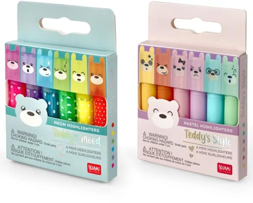 LEGAMI Mini-Textmarker, Set mit 12 Stiften, Teddy's Mood & Teddy's Style, Pastell- und Neonfarben