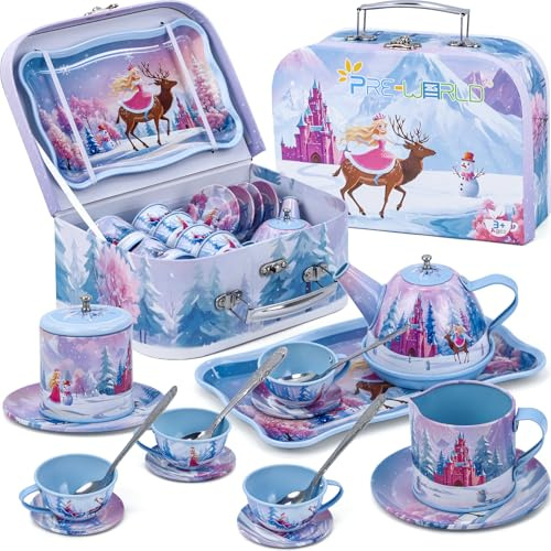 Tea Party Sets for Toddlers 3-5,PRE-WORLD Princess Tea Time Toy with Tray, Teapot, Tea Cups, Cream Pitcher, Sugar Bowl, Coasters, Plates，Kids Kitchen Pretend Play for Girls Boys Age 3 4 5 6