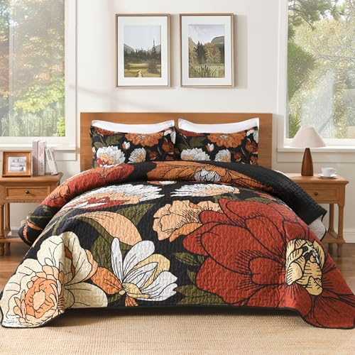 Andency Floral Boho Quilt King Size Bedding Set Black, 3 Pieces Farmhouse Flower Botanical Summer Bedspreads with 2 Shams, Soft Reversible Lightweight Polyester Coverlet Set for All Season, 106x96