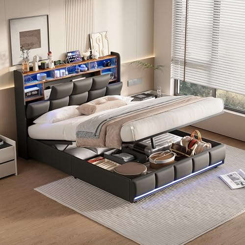 Cama tapizada doble 140 x 200 cm, cama de almacenamiento hidráulica LED con somier y somier, cama de 140 x 200 cm con cabecero LED y USB, cama juvenil, cama funcional, estructura de piel sintética en