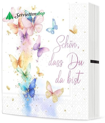 20 Servietten Sommer Buntes Schmetterlingsfest als Tischdeko mit Spruch Schön, dass Du da bist. Schmetterlinge für Geburtstag, Sommer, Taufe, Schulanfang Mädchen. Auch für Decoupage 33x33cm