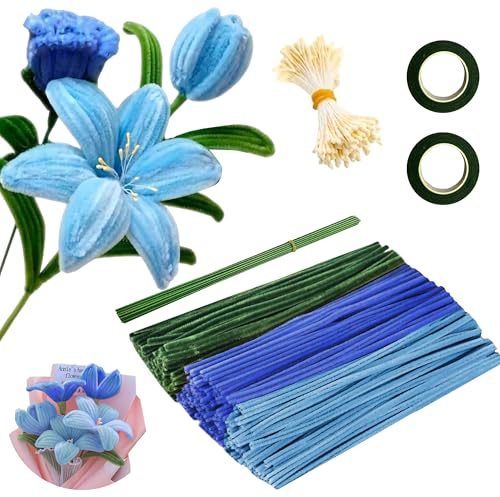320 Stück Pipe Cleaner Flower Set, 3 Farben Pfeifenreiniger Blumen mit 20 Grün Basteldraht,Klebeband,Ein Bündel Staubgefäße,DIY Bastelprojekte und Dekorationen(Hellblau,Grün,Blau)