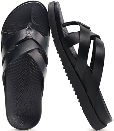 KuaiLu Womens Dressy Orthotic Flip Flops Trendy Comfortable Cushion Recovery Walking Leather Thong Sandals Ladies Yoga Memory Foam Summer Pool Beach Slip on Plantar Fasciitis Arch Support Black 8