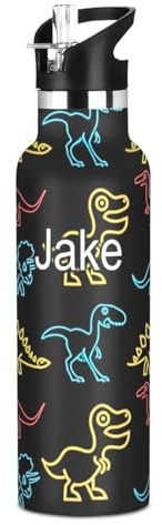 Botella de agua personalizada para niños con pajilla para la escuela, botella personalizada de 20 onzas para niños y niñas, sin BPA, diseño de dinosaurios de neón colorido, color negro