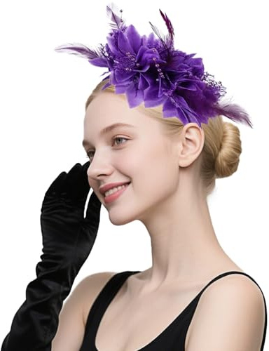 Lifup Fascinators Hut Blume für Damen, 20er Jahre Federn Clip, Kopfschmuck Cocktail Tea Party Kopfbedeckung, Stirnband Haarnadel Haarschmuck Hochzeit Kirche Lila