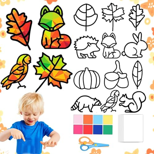12 Stück Fensterbilder Herbst Bastelset für Kinder, DIY Fensterbilder Herbst Kinde r, Fensterbilder Herbst Basteln, Herbstdeko Fenster selber machen Kinder, Ausgestattet mit einer Schere