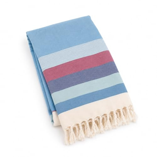 Turkish Cotton Peshtemal Beach Towel 90x180 cm – Washed Soft Fabric, Quick Dry, Lightweight Hammam Towel – Blue