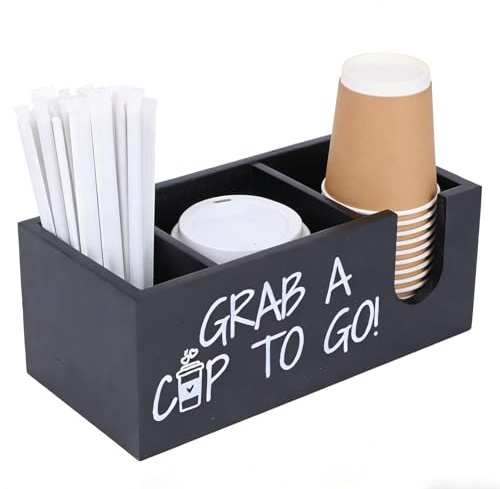 Punorric Coffee Station Organizer - Wooden Coffee Cup Holder & Tea Box Organiser, Black Bar Caddy Coffee Bar Accessories for Counter Top Storage/Home/Office/Café/Tea Station