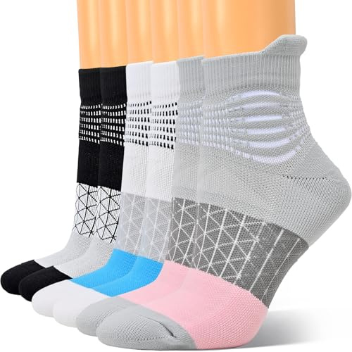 IRAMY Calcetines Compresion Mujer con Soporte de Tobillo Compression Running Socks Calcetas Deporte con Cusión para Plantar Fasciitis (Black+White+Grey L)