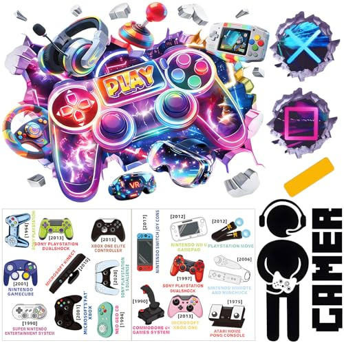 YPLonon 5 Stück Wandtattoo 3D Gamer Junge Wandtattoo Gaming für Zimmer | Selbstklebend Wandaufkleber Gaming Zimmer Controller Groß Wandsticker Wanddeko für Kinderzimmer Spielzimmer