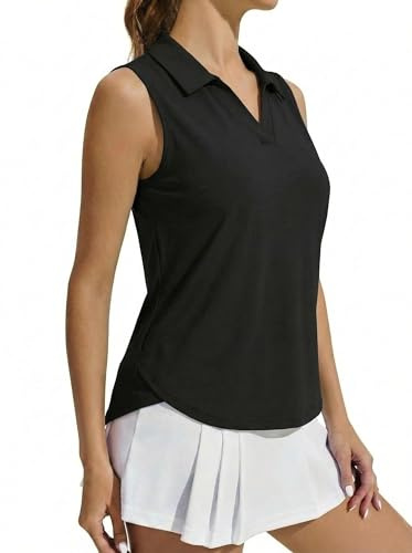 PINSPARK Haut De Sport Femme Polo sans Manches Respirant Haut De Yoga Été UPF 50+ Chemise De Tennis Séchage Rapide Protection Solaire Haut De Sport Course à Pied Fitness Chemise Fonctionnelle Noir M