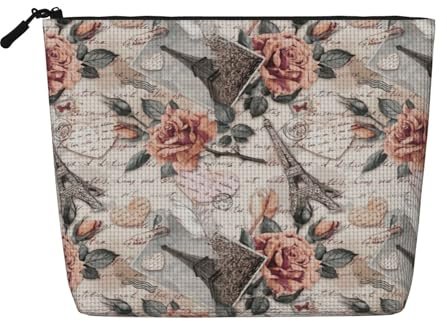 Flower Paris Eiffel Tower Zippered Cosmetic Bag Large Capacity, Fake Hemp Travel Pouch Daily Use Women's Organizer
