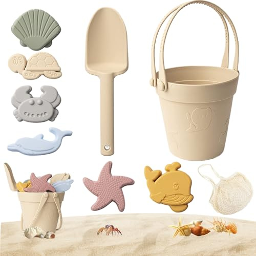 Hperu 8-teiliges Sandspielzeug für Kinder, sicheres Silikon-Strandspielzeug mit Schaufel, Eimer und Sandformen, wasserdichte Box für Reisen, Sommer, Outdoor, Beige, Strand für Kleinkinder