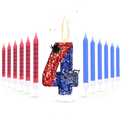 13PCS Spider Candle Cake Decorations, Spider Number 4 Cake Topper Birthday Decorations, Blue Red Number Cake Candles Suitable for Spider Theme Birthday Anniversary Wedding Party Graduation Party