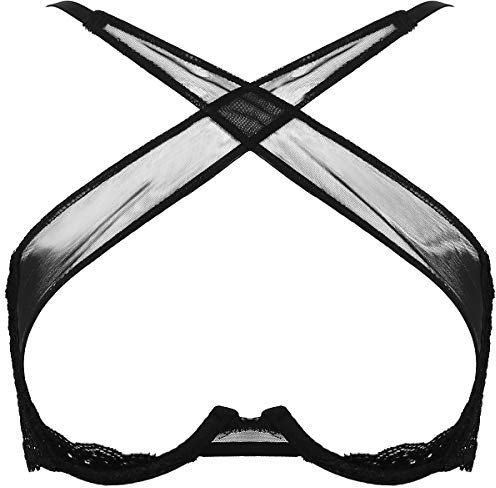 Oyolan Women's Lace Push Up 1/4 Cups Shelf Bra Top Lingerie Crisscross No Padded Underwire Bralette Black M