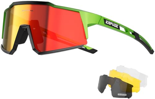 KAPVOE Fahrradbrille 4 Wechselgläser UV400 TR90 Herren Damen K9022 | 4 Gläser: Rote PC-Taglinse, Schwarz polarisiert, Klar Nacht, Gelb wenig Licht; UV400, ca. 34g TR90