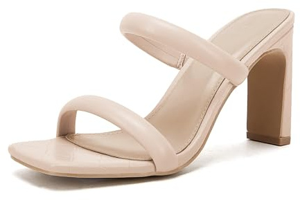 Coutgo Womens Square Open Toe Heeled Sandals Two Strap high Heel Backless Dress Slip On Mules