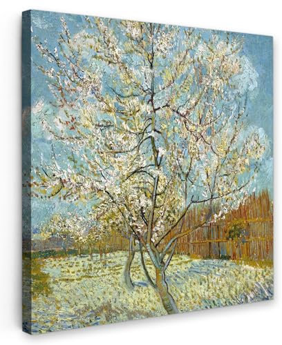 MuchoWow Leinwand Bilder, Einzigartige Wanddeko mit Rahmen, Blühender Pfirsichbaum - Vincent van Gogh, Wandbilder Wohnzimmer, Deko Schlafzimmer 20x20 cm