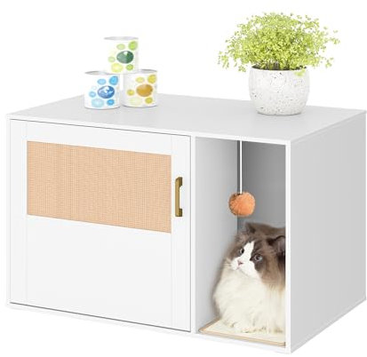 Hzuaneri Katzenschrank mit Rattan Tür, Versteckte Katzentoilette, Boho Stil Holz Haustier Haus Katzenstreu, Speicher Schrank Sitzbank, 50 x 80 x 50 cm, Weiß CB05603X