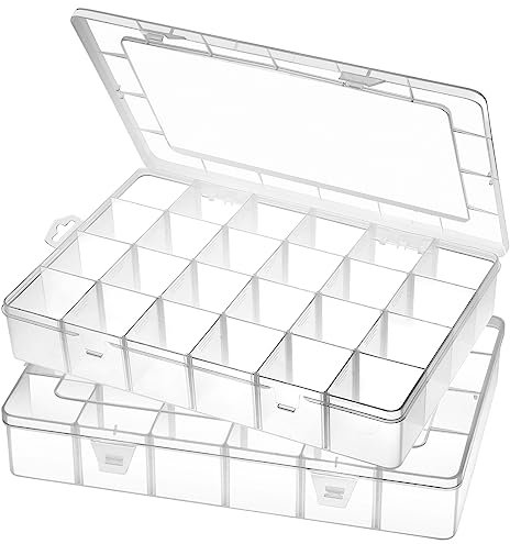 Gbivbe 2 Piezas Caja de Plastico Almacenaje Organizador, Grande Cajas de Almacenamiento con 24 Compartimentos Ajustable, Caja Clasificadora para Tornillos, Herramientas, Joyas