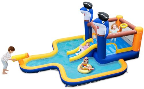 COSTWAY Castillo Hinchable 7 en 1 Acuático para Niños 3-10 Años, Seco y Agua, Interior Exterior, 578 x 408 x 250 cm (sin soplador)